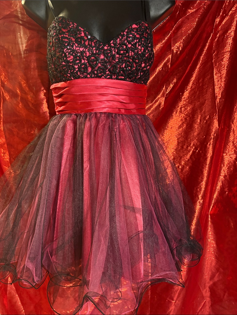 Fuchsia and Black Lace Sequin and Tulle Party Dress